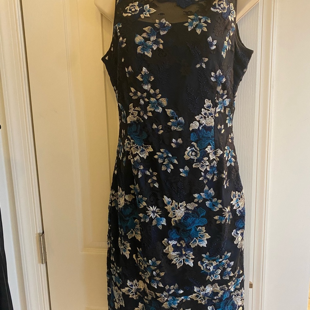 White House Black Market Floral Midi Dress - Black and Blue Lace/Embroidery
